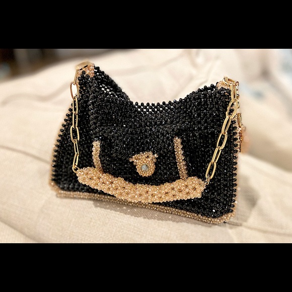 Gorgeous Black and Gold Fully Beaded Gem Clutch Shoulder Bag - Picture 2 of 14